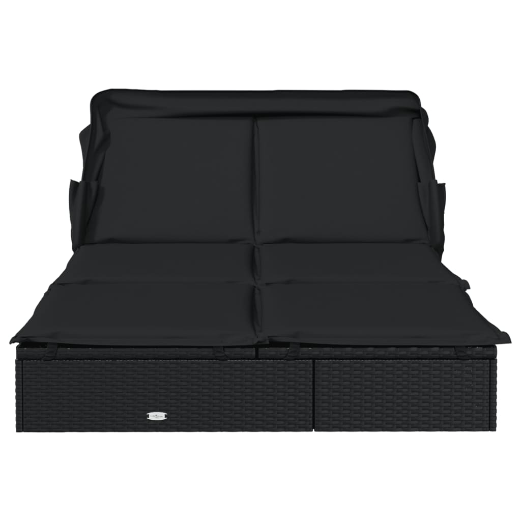 Sun lounger with folding roof for 2 people in black PE wicker