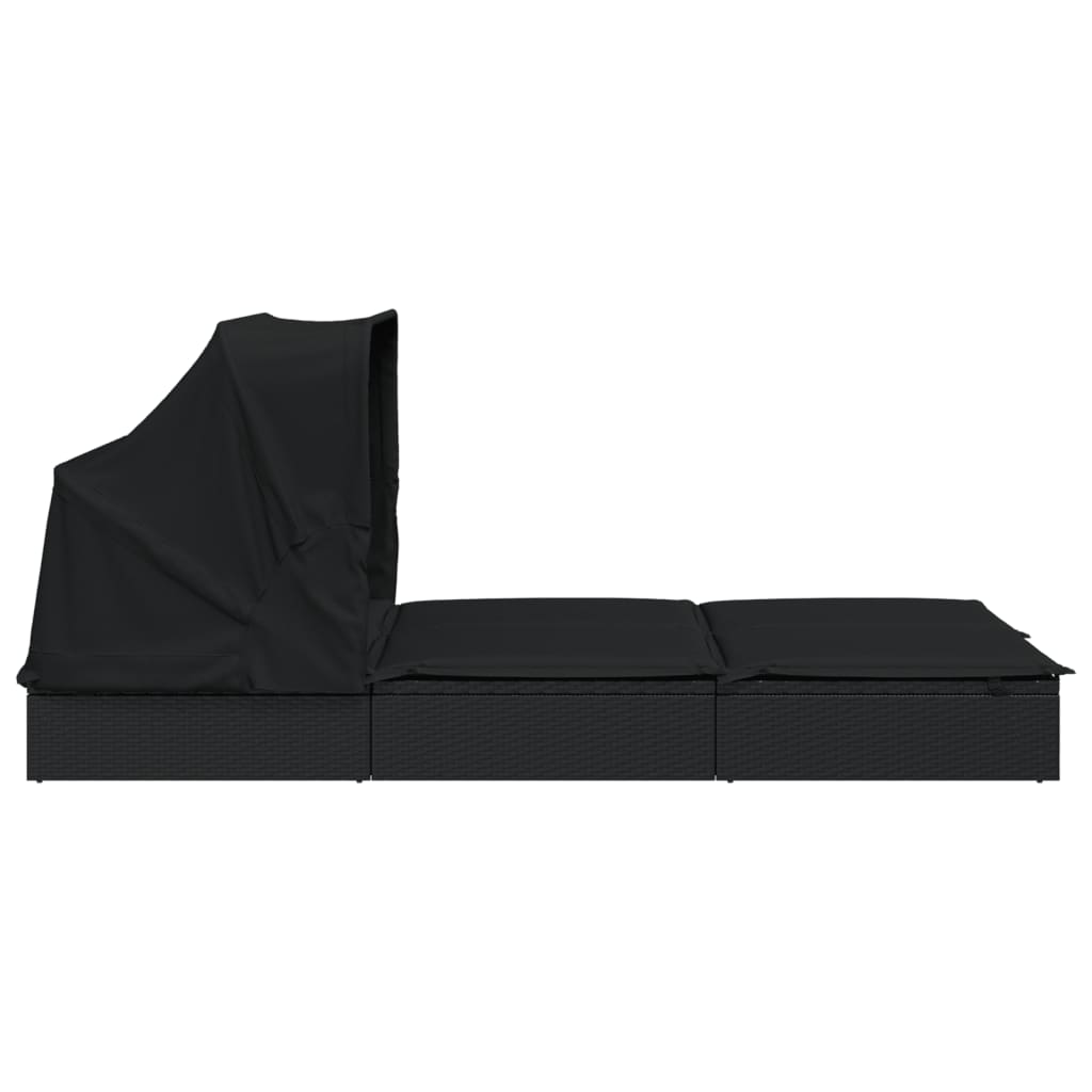 Sun lounger with folding roof for 2 people in black PE wicker