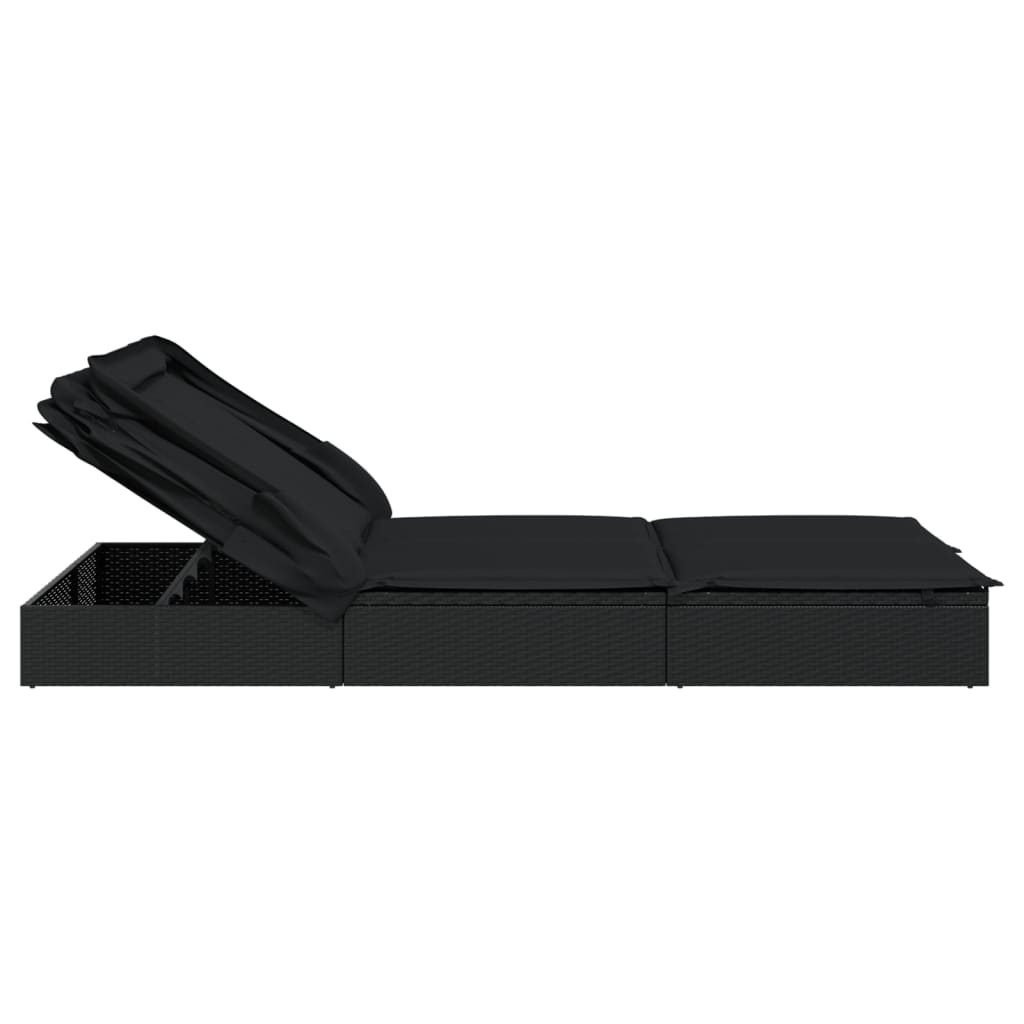 Sun lounger with folding roof for 2 people in black PE wicker