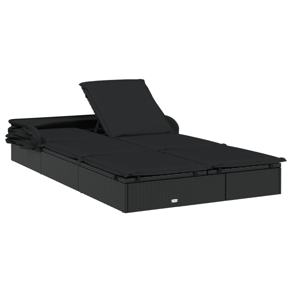 Sun lounger with folding roof for 2 people in black PE wicker