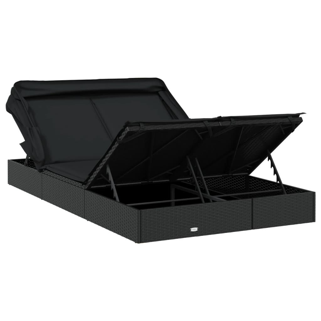 Sun lounger with folding roof for 2 people in black PE wicker