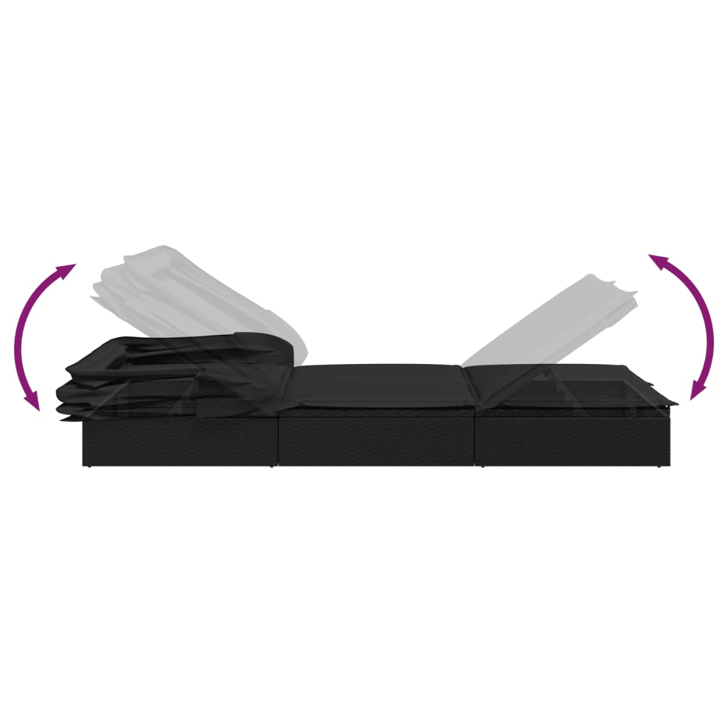 Sun lounger with folding roof for 2 people in black PE wicker