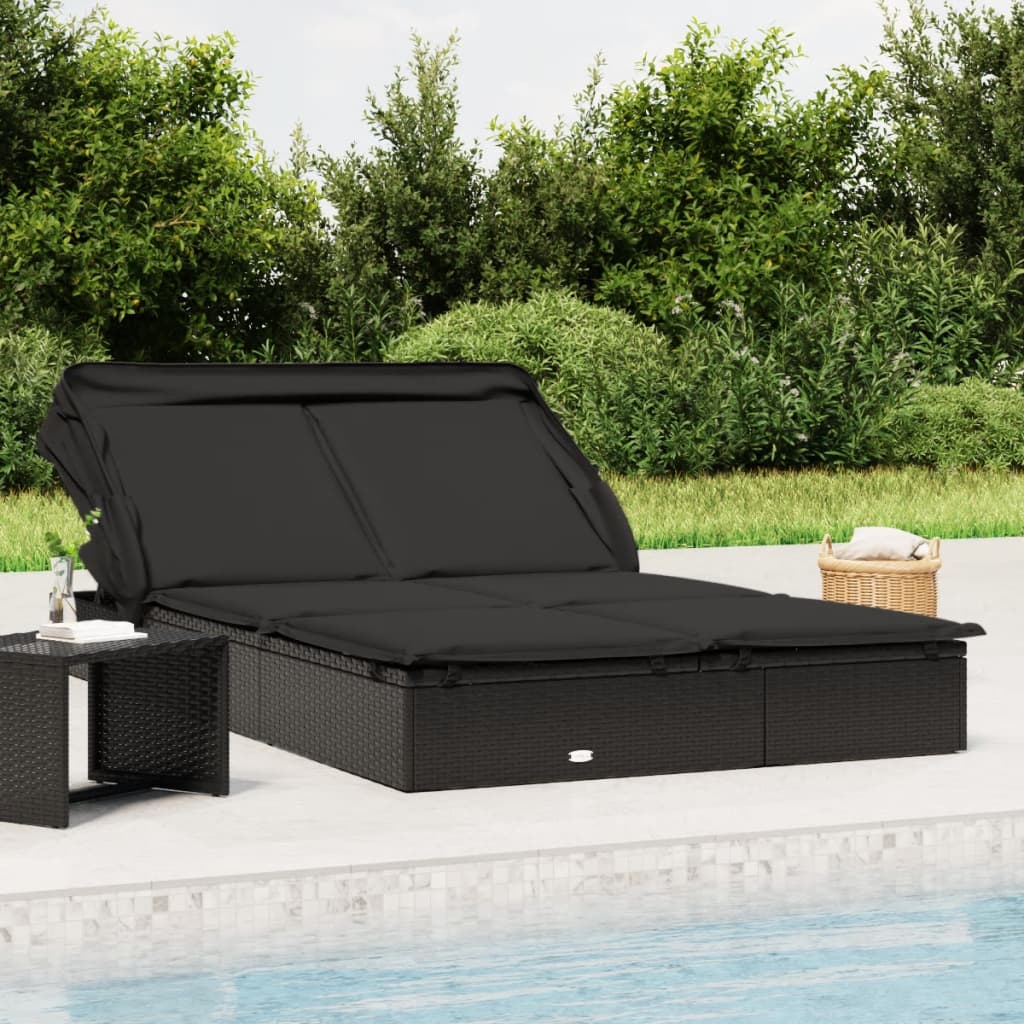 Sun lounger with folding roof for 2 people in black PE wicker