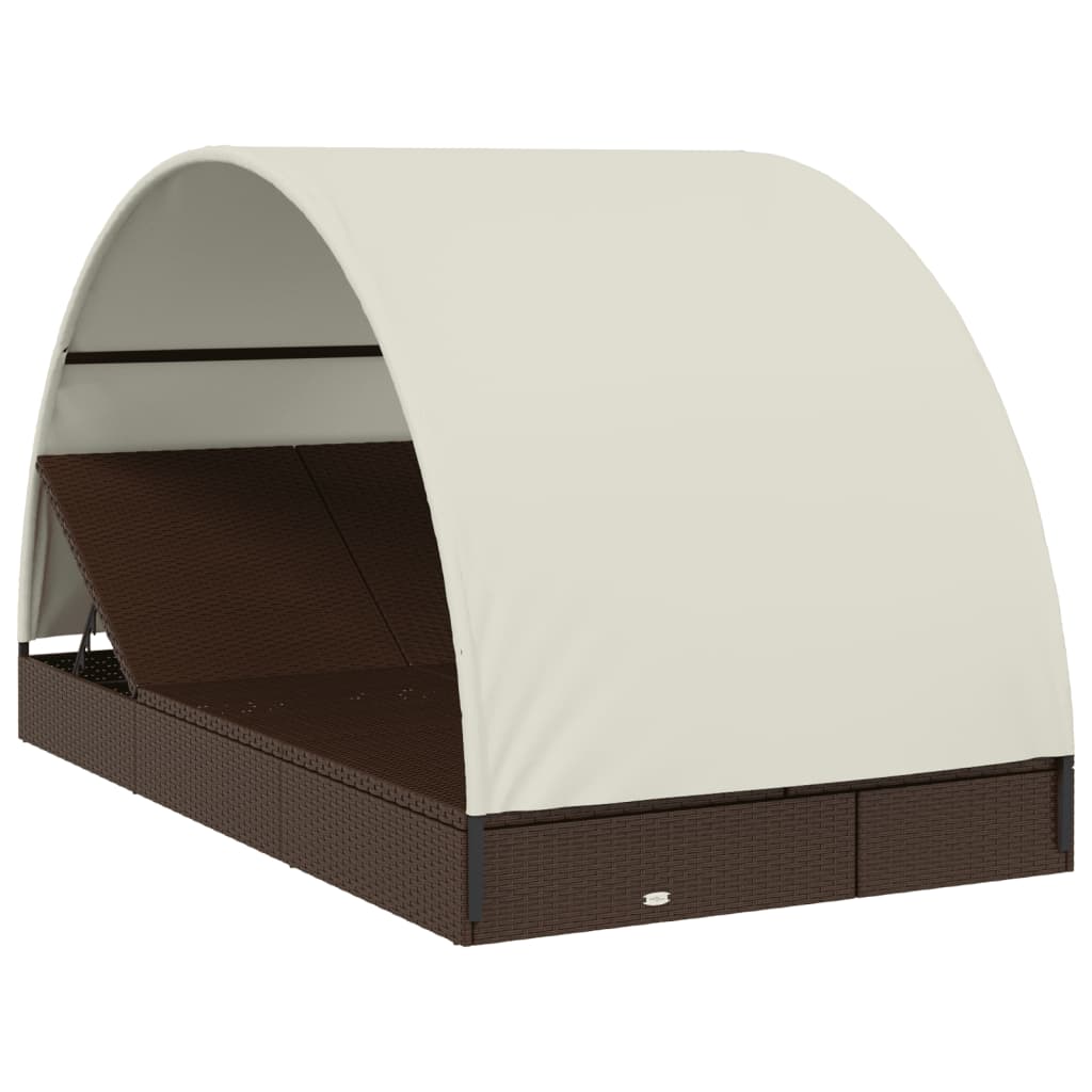 Sun lounger with round roof for 2 people in brown PE wicker
