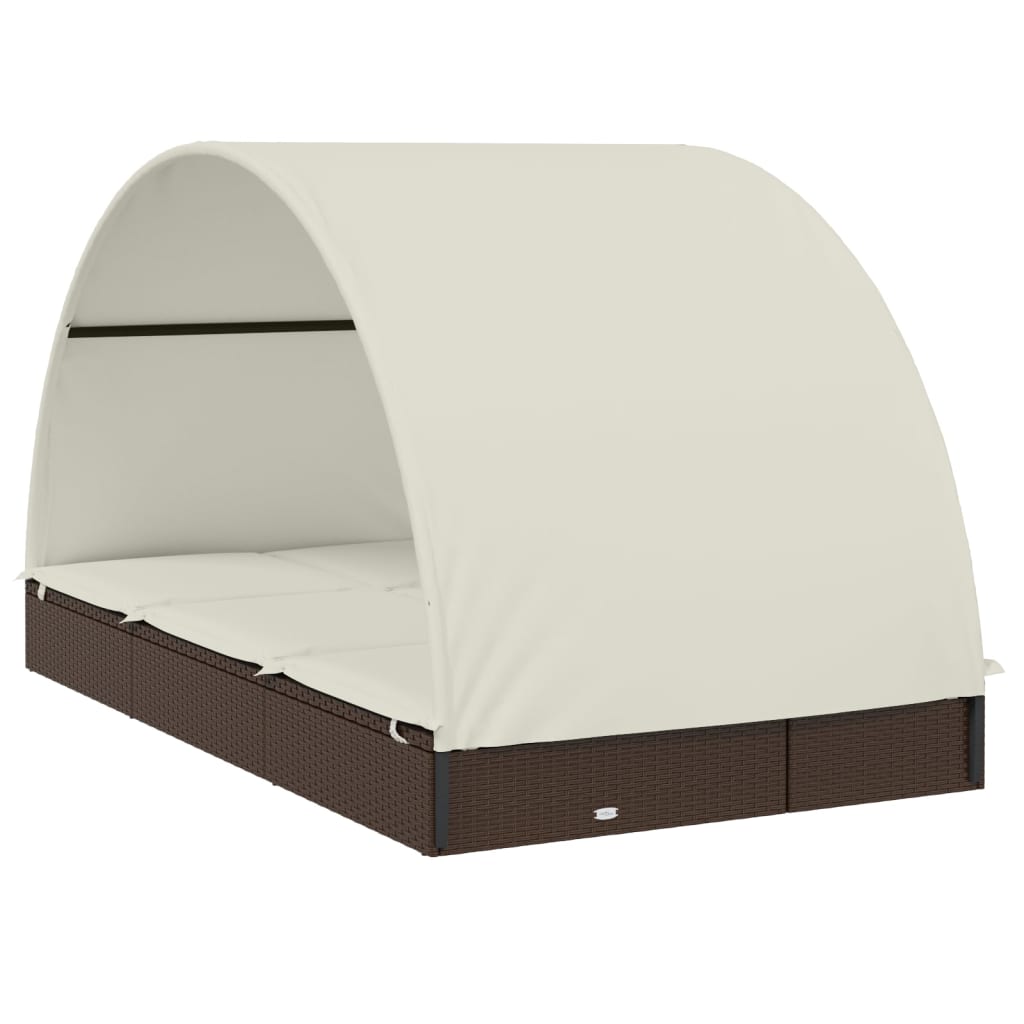 Sun lounger with round roof for 2 people in brown PE wicker