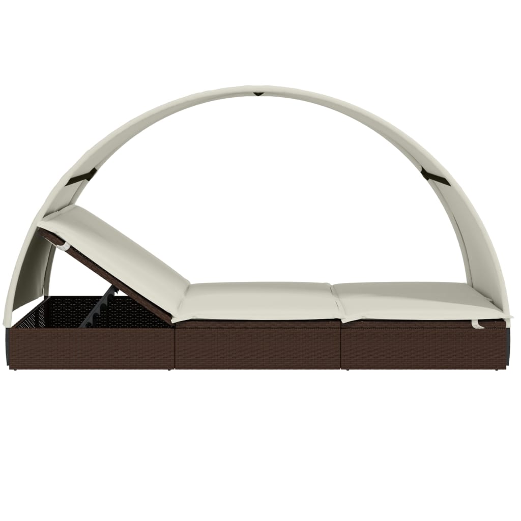 Sun lounger with round roof for 2 people in brown PE wicker