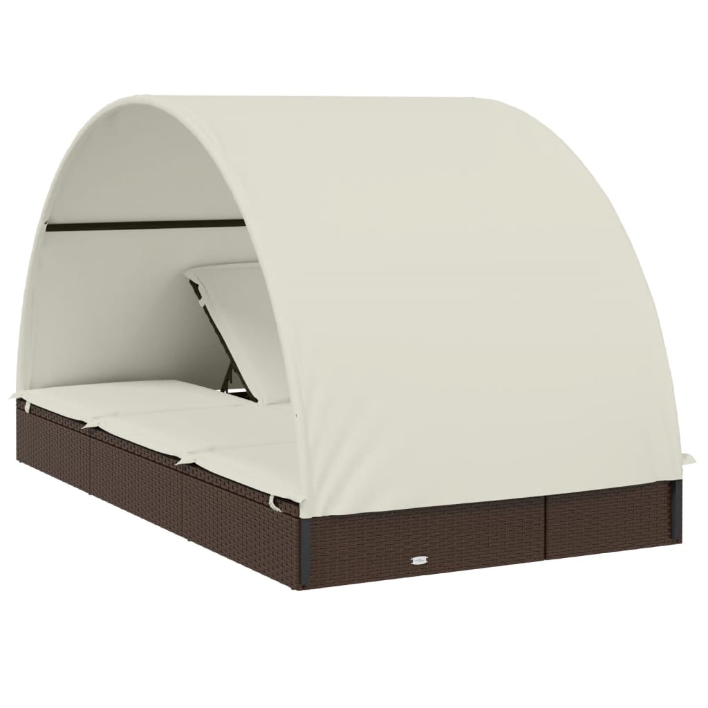 Sun lounger with round roof for 2 people in brown PE wicker
