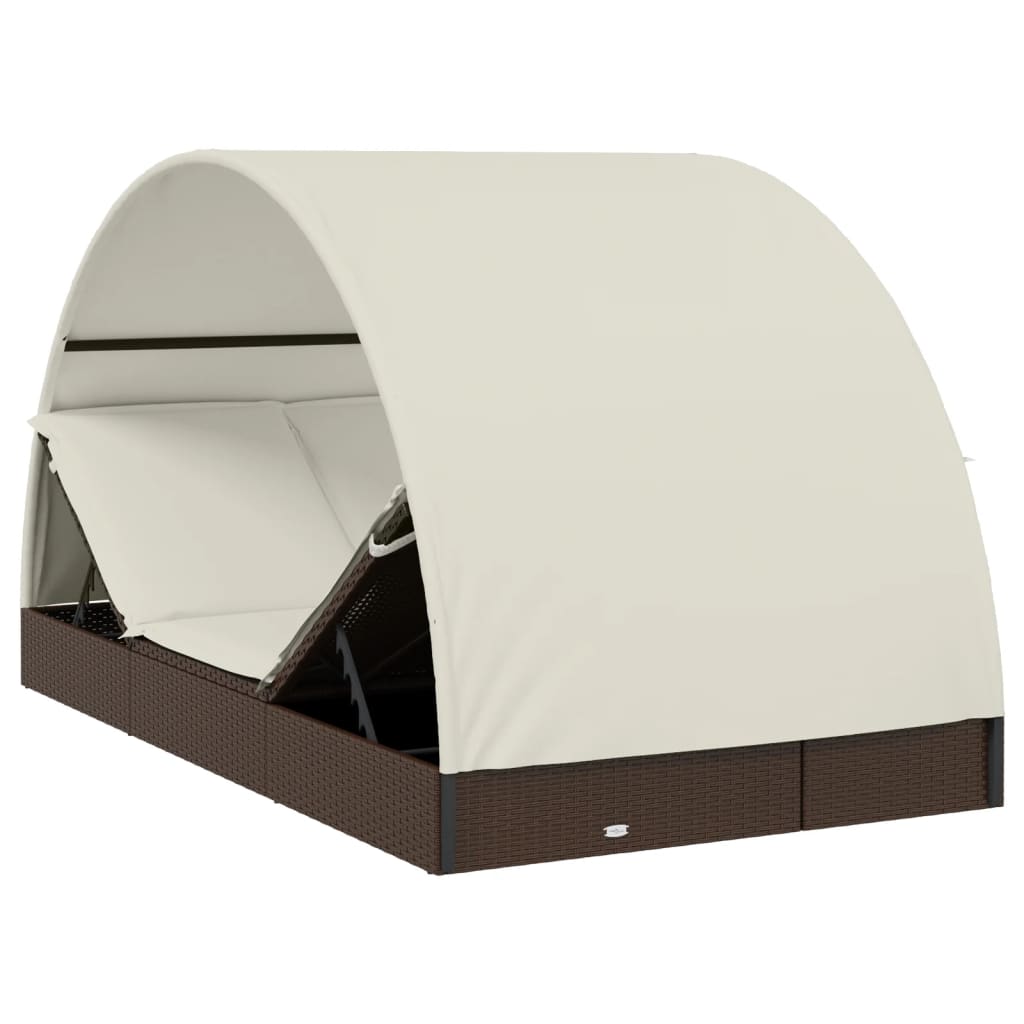 Sun lounger with round roof for 2 people in brown PE wicker