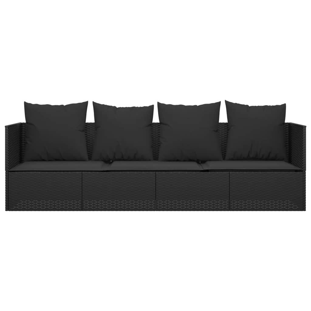 Outdoor lounge sofa with cushions in black poly rattan