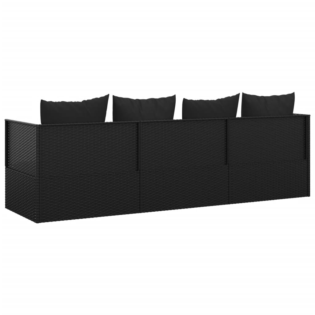 Outdoor lounge sofa with cushions in black poly rattan