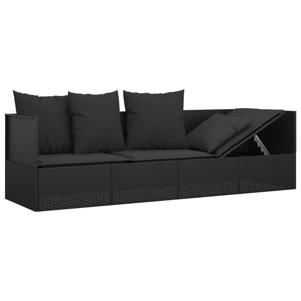 Outdoor lounge sofa with cushions in black poly rattan