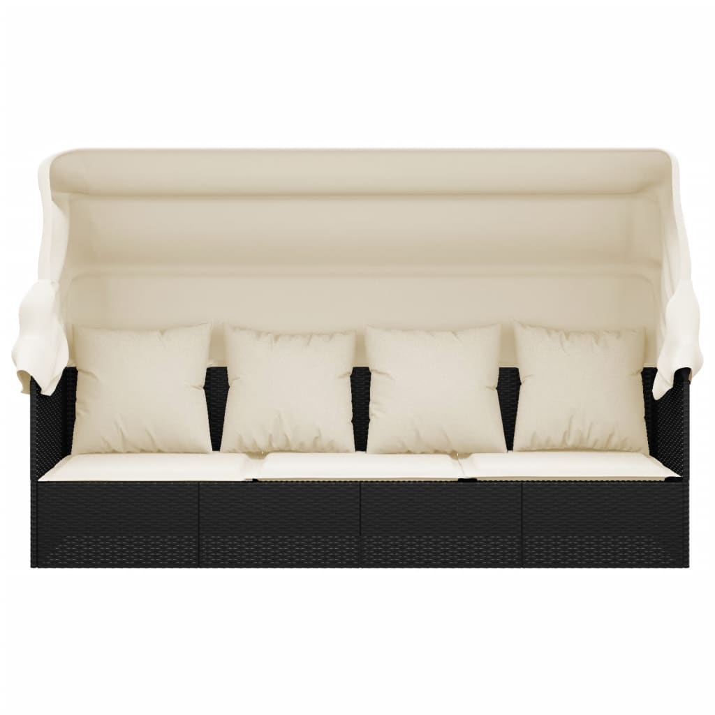 Outdoor lounge sofa with awning and cushions in black poly rattan