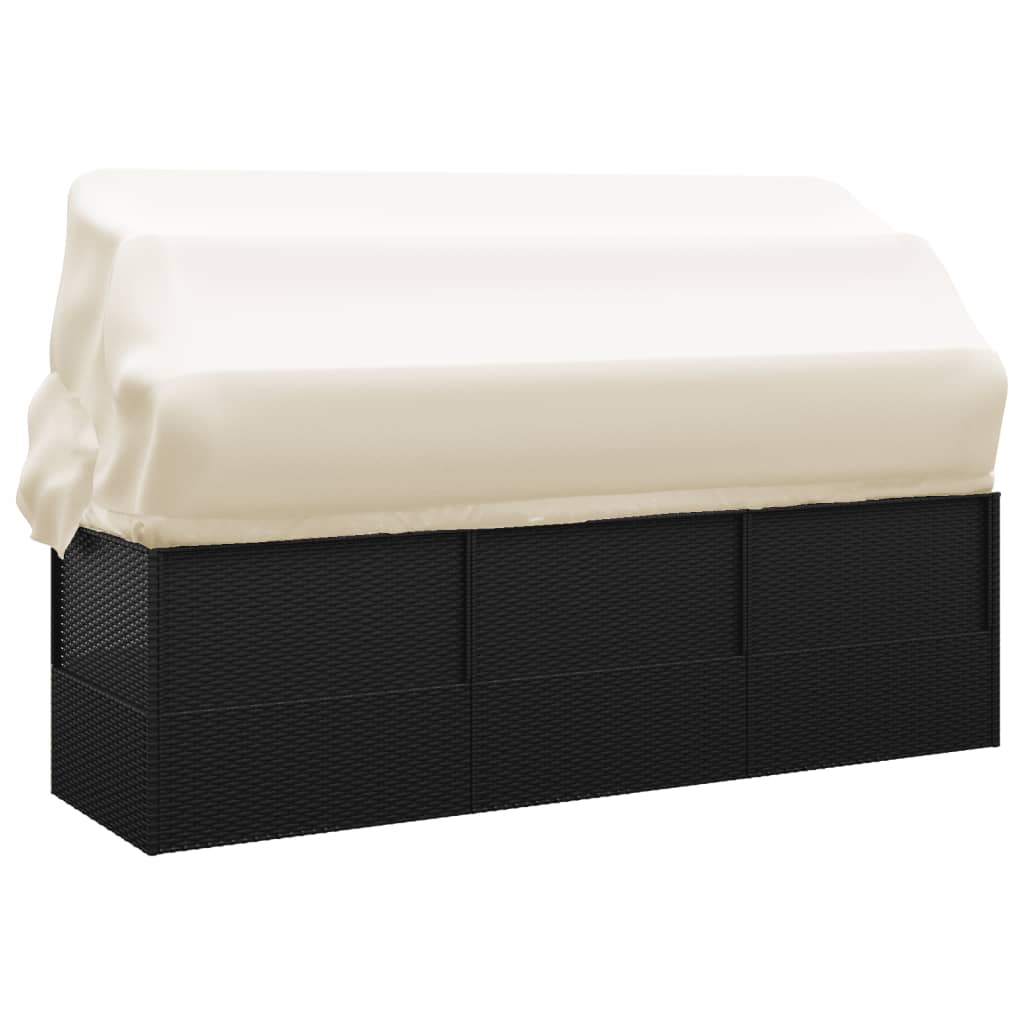 Outdoor lounge sofa with awning and cushions in black poly rattan