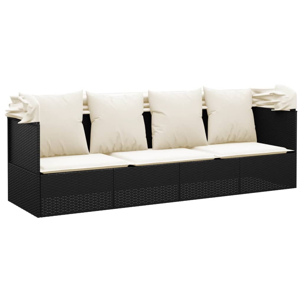 Outdoor lounge sofa with awning and cushions in black poly rattan