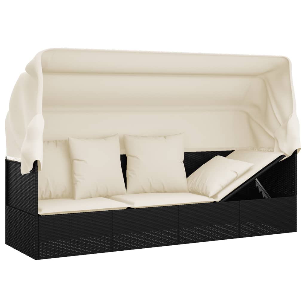 Outdoor lounge sofa with awning and cushions in black poly rattan