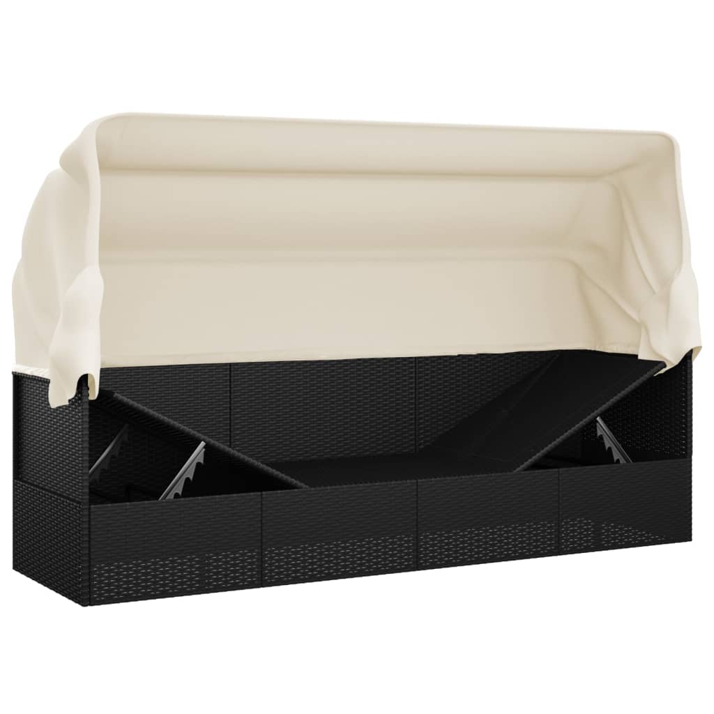 Outdoor lounge sofa with awning and cushions in black poly rattan