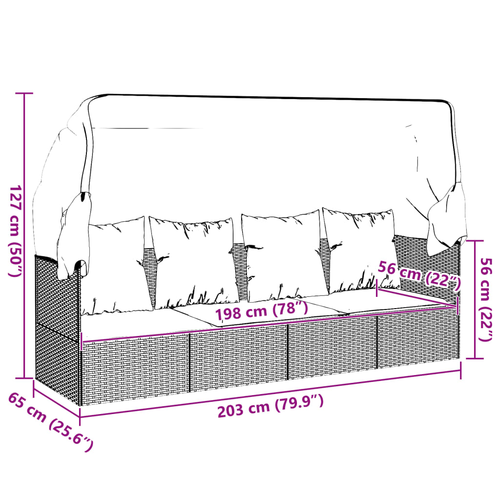 Outdoor lounge sofa with awning and cushions in black poly rattan