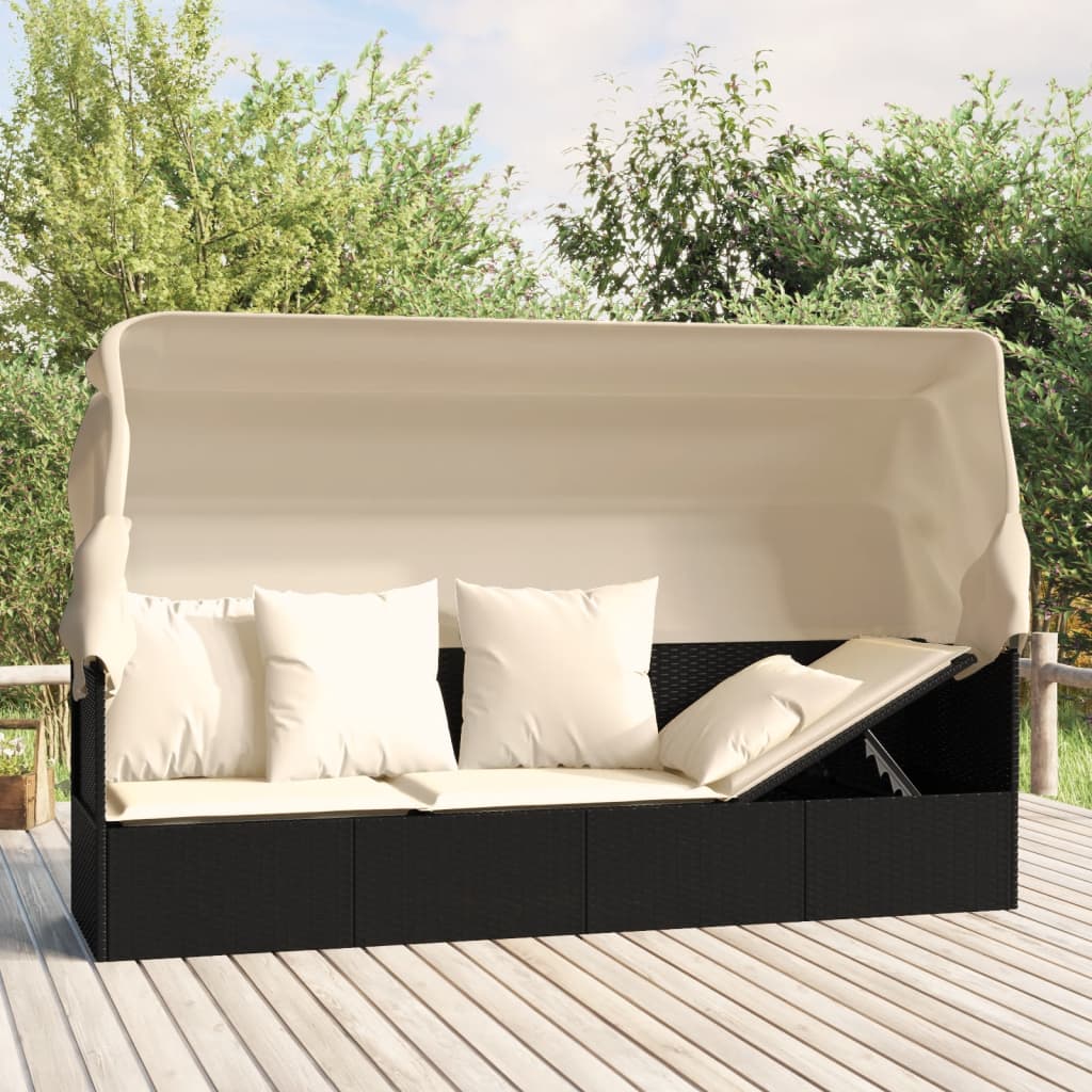 Outdoor lounge sofa with awning and cushions in black poly rattan