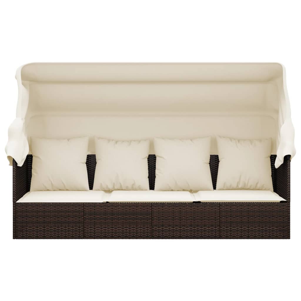 Outdoor lounge sofa with awning and cushions in brown poly rattan