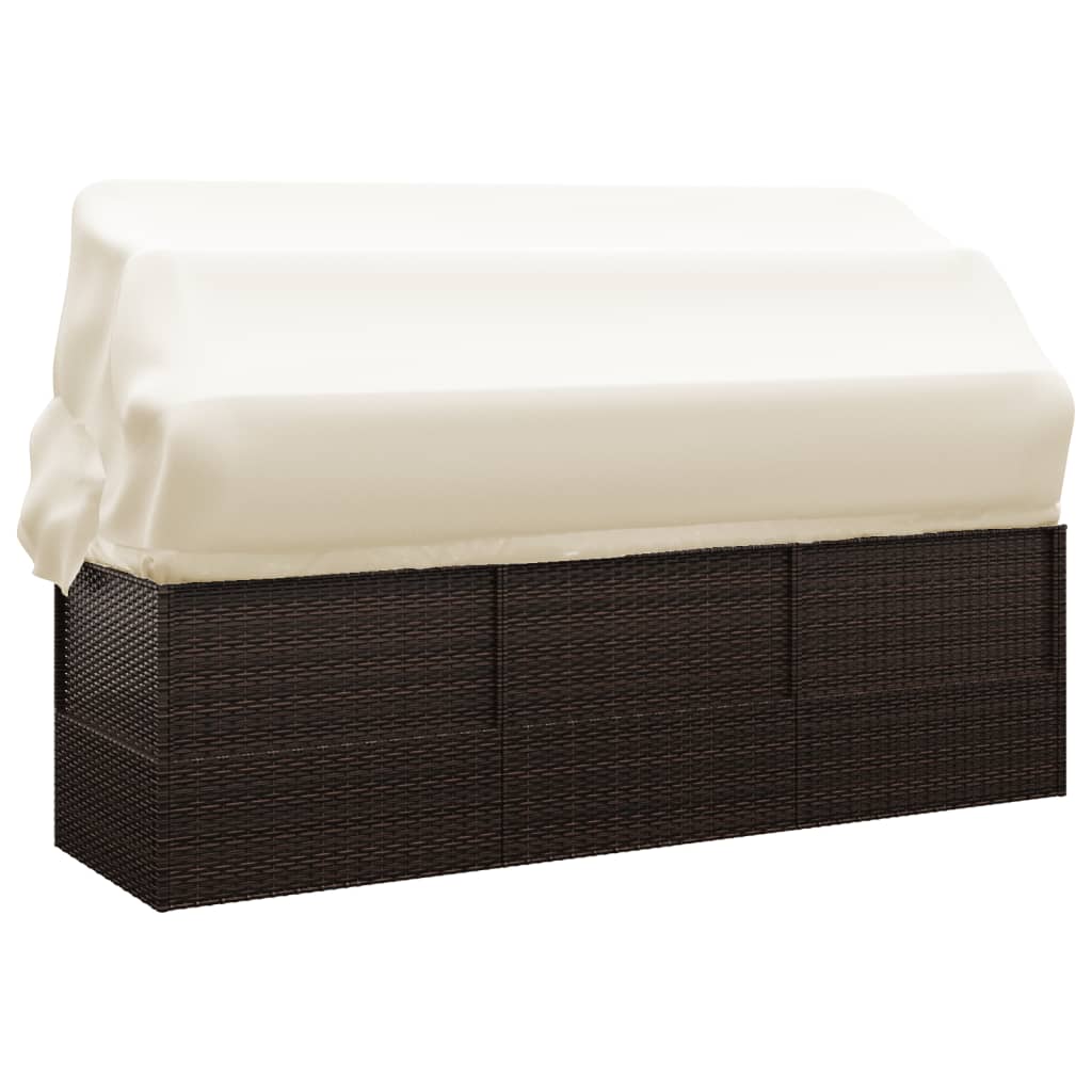 Outdoor lounge sofa with awning and cushions in brown poly rattan