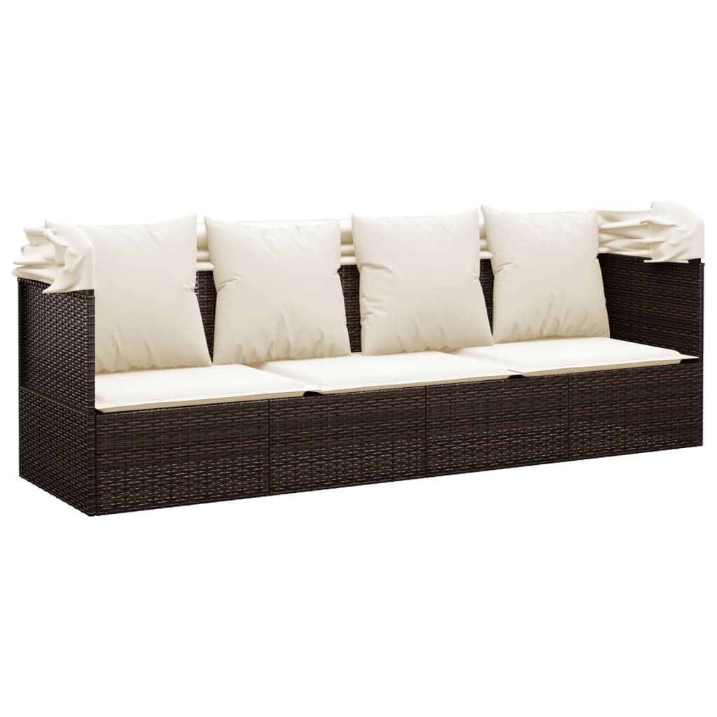 Outdoor lounge sofa with awning and cushions in brown poly rattan