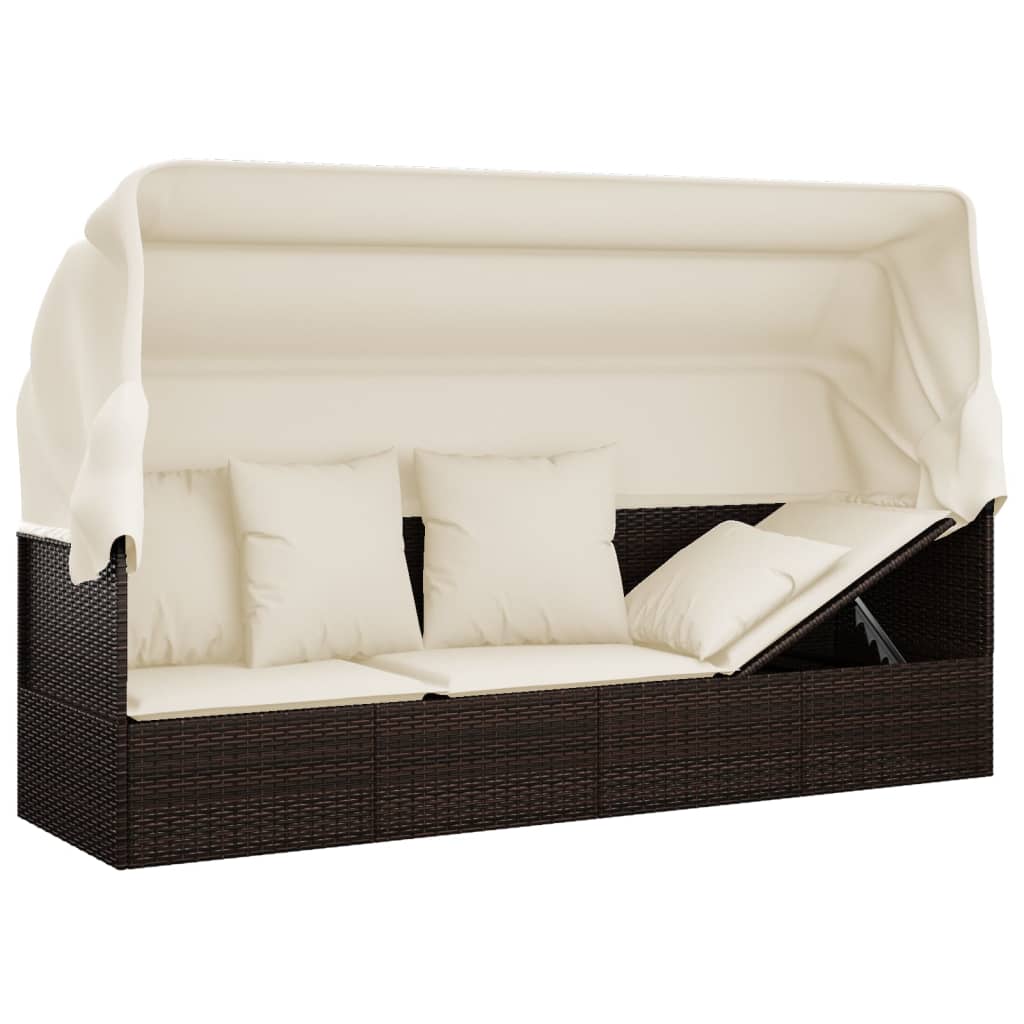 Outdoor lounge sofa with awning and cushions in brown poly rattan