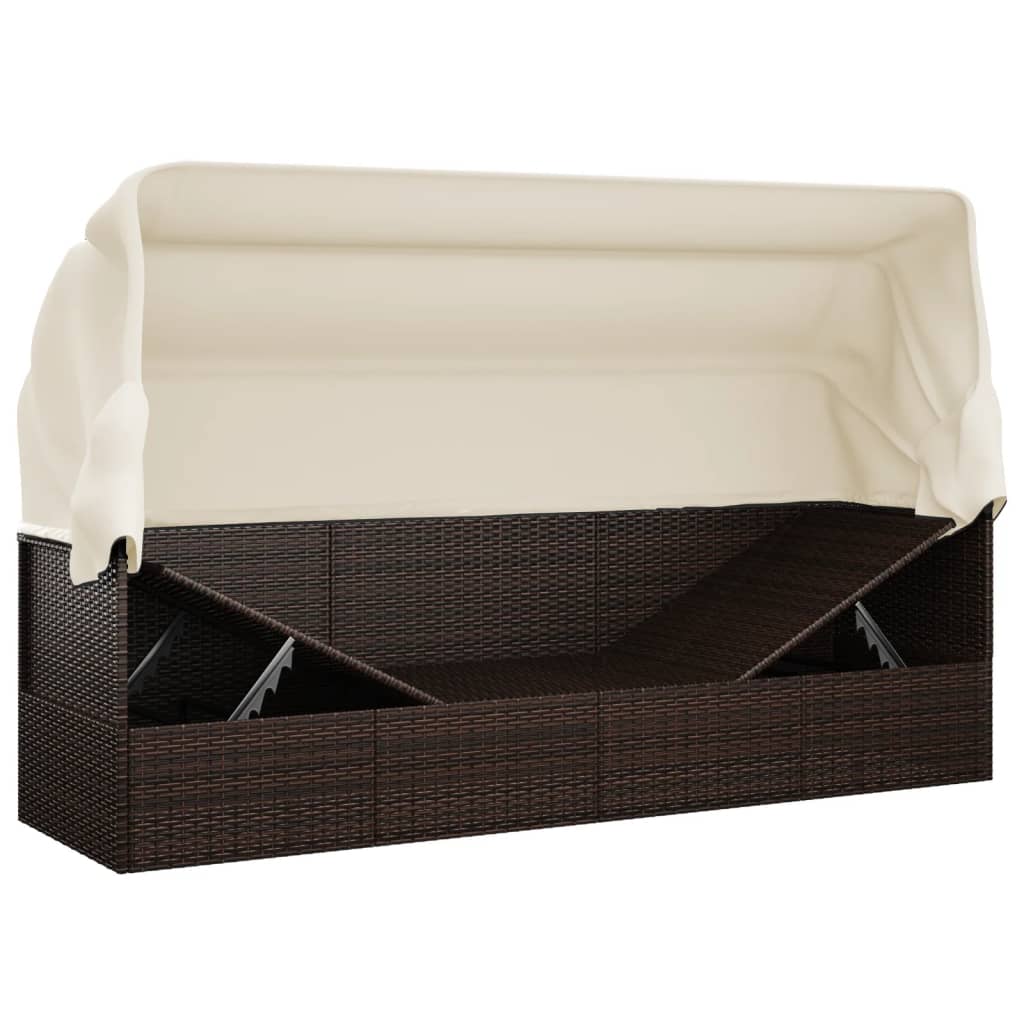 Outdoor lounge sofa with awning and cushions in brown poly rattan