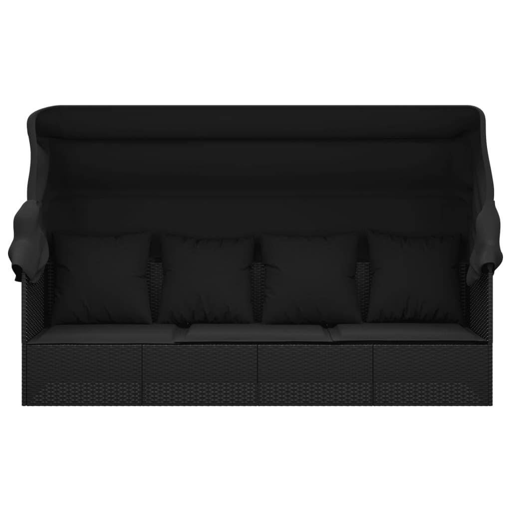 Outdoor lounge sofa with awning and cushions in black poly rattan