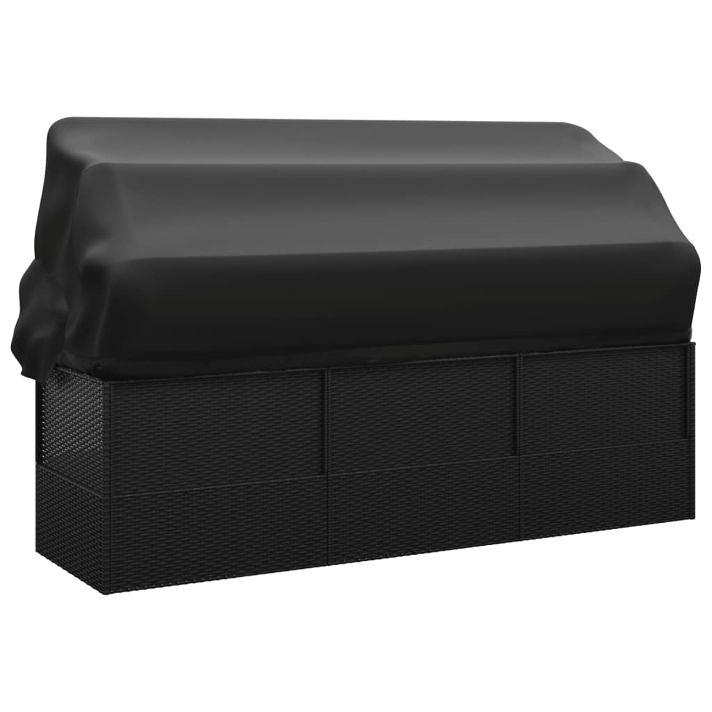 Outdoor lounge sofa with awning and cushions in black poly rattan
