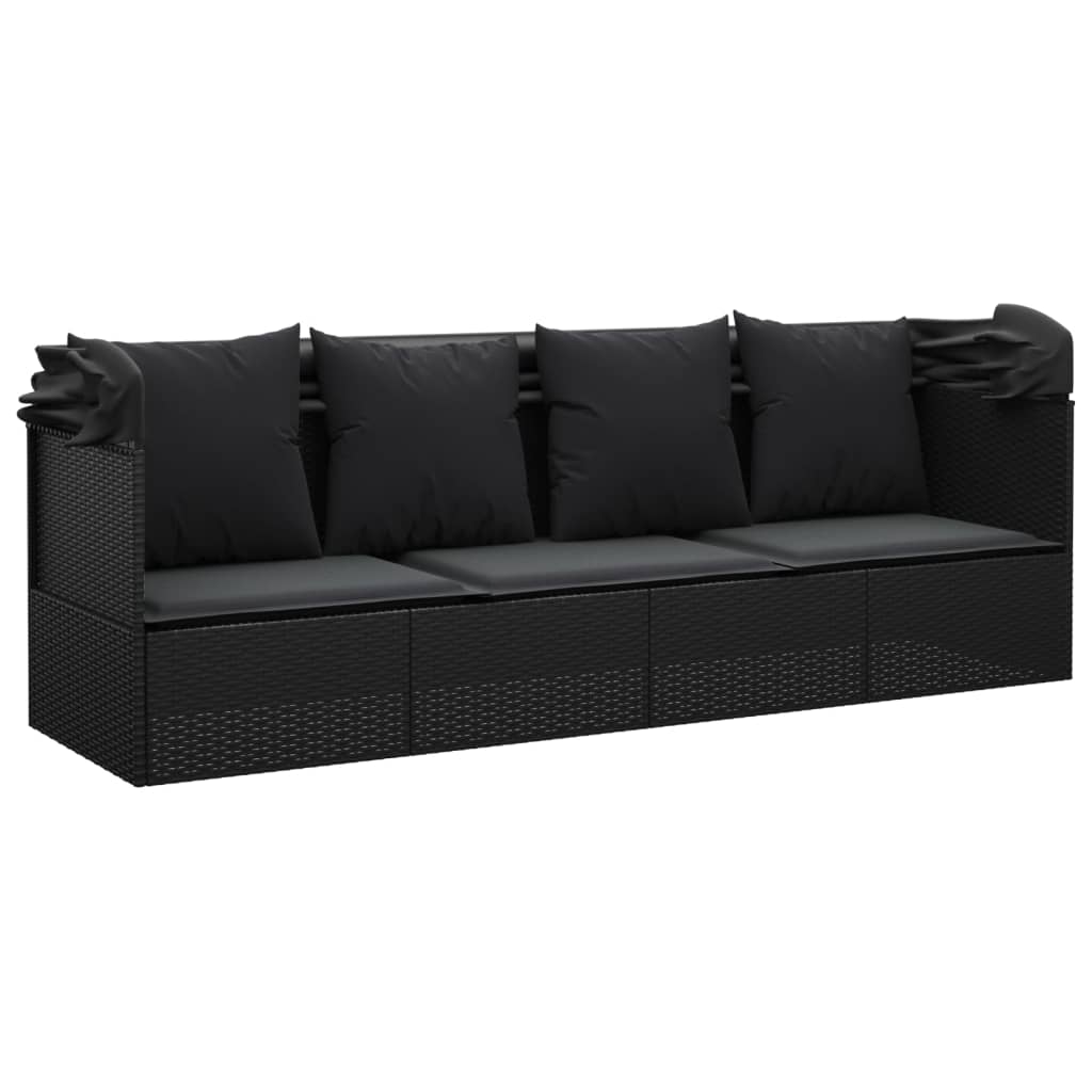 Outdoor lounge sofa with awning and cushions in black poly rattan