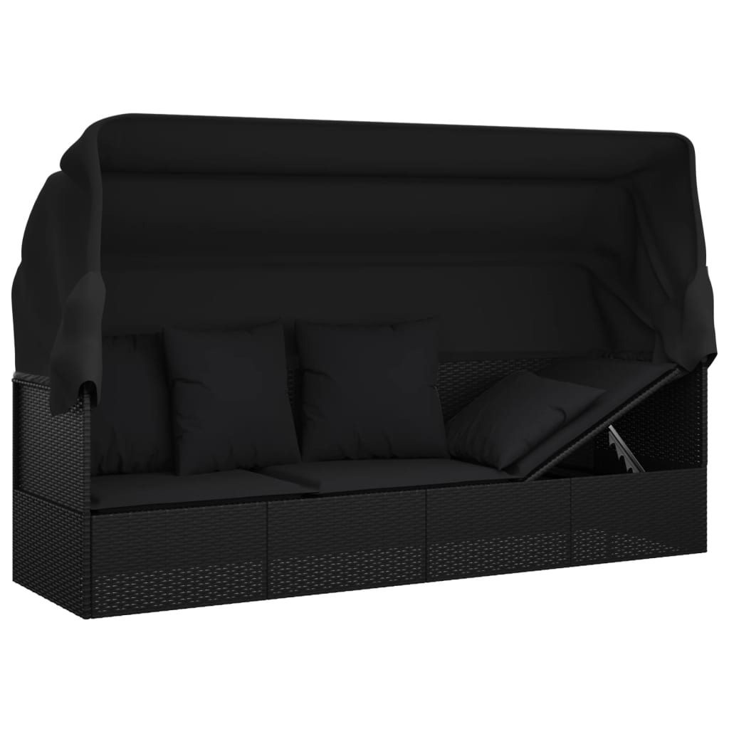 Outdoor lounge sofa with awning and cushions in black poly rattan