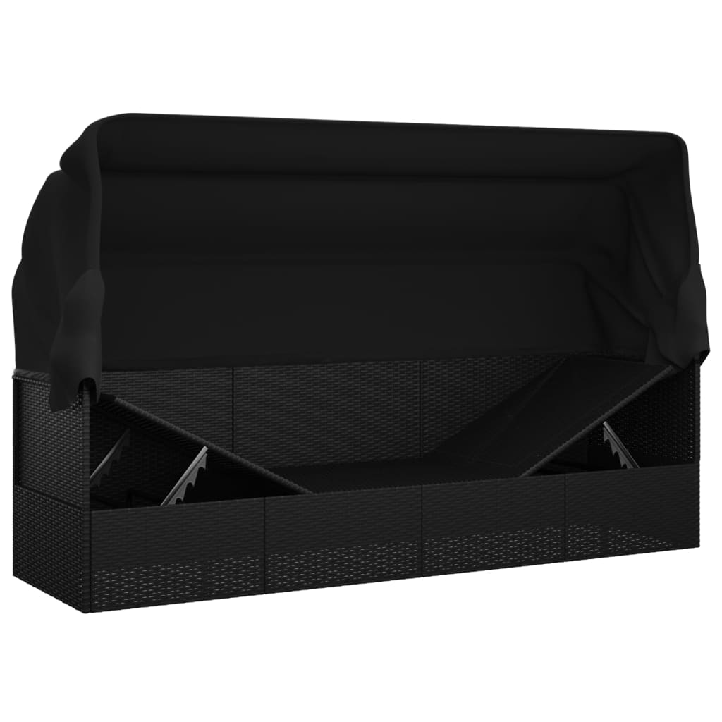 Outdoor lounge sofa with awning and cushions in black poly rattan