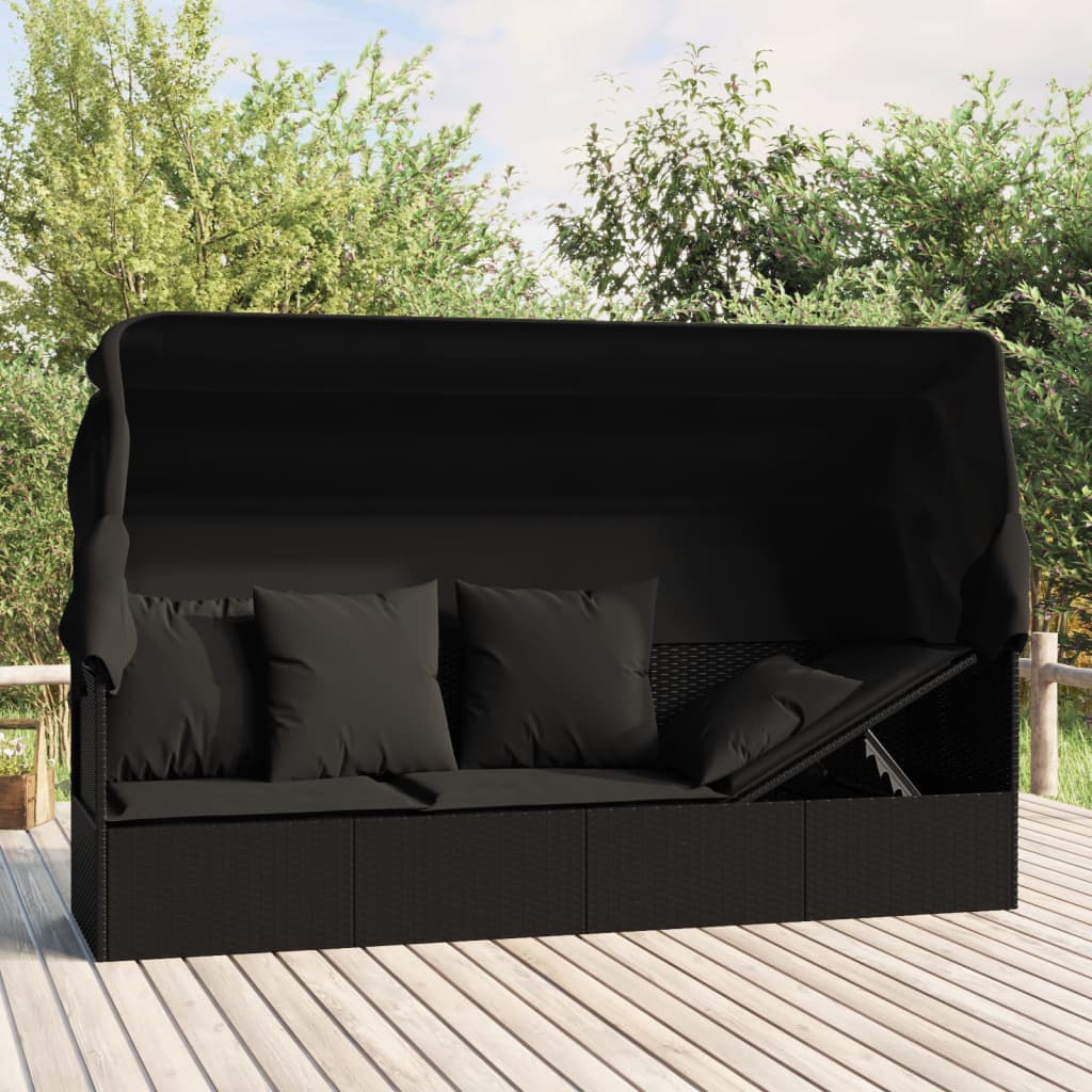 Outdoor lounge sofa with awning and cushions in black poly rattan