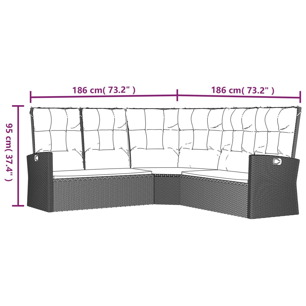 Reclining corner sofa with black poly rattan cushions
