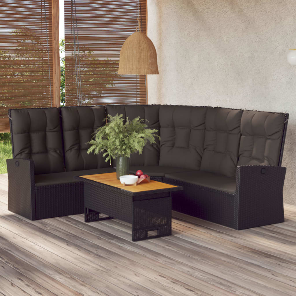 Reclining corner sofa with black poly rattan cushions