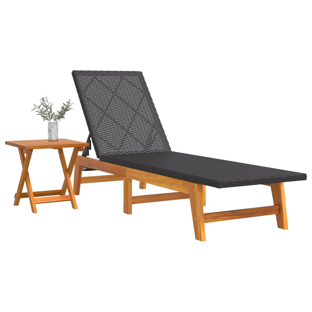 Sun lounger with table made of PE wicker and solid acacia wood