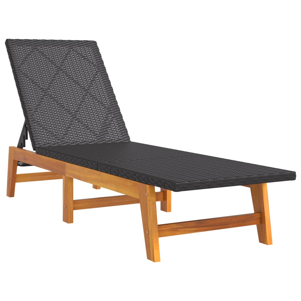 Sun lounger with table made of PE wicker and solid acacia wood