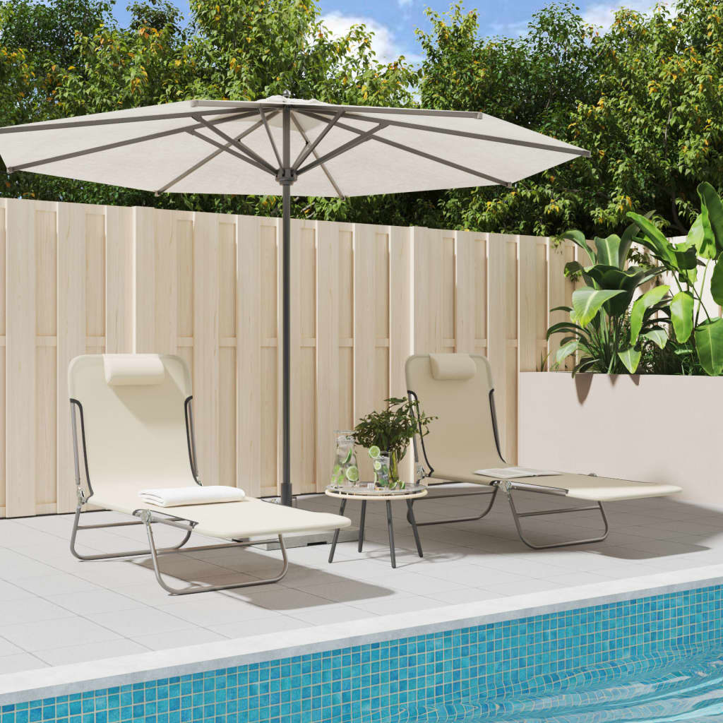 Folding sun loungers 2 pcs textilene and steel cream color