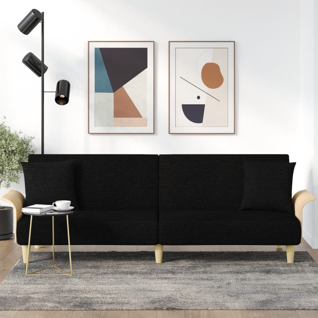 Sofa bed with armrests in black fabric