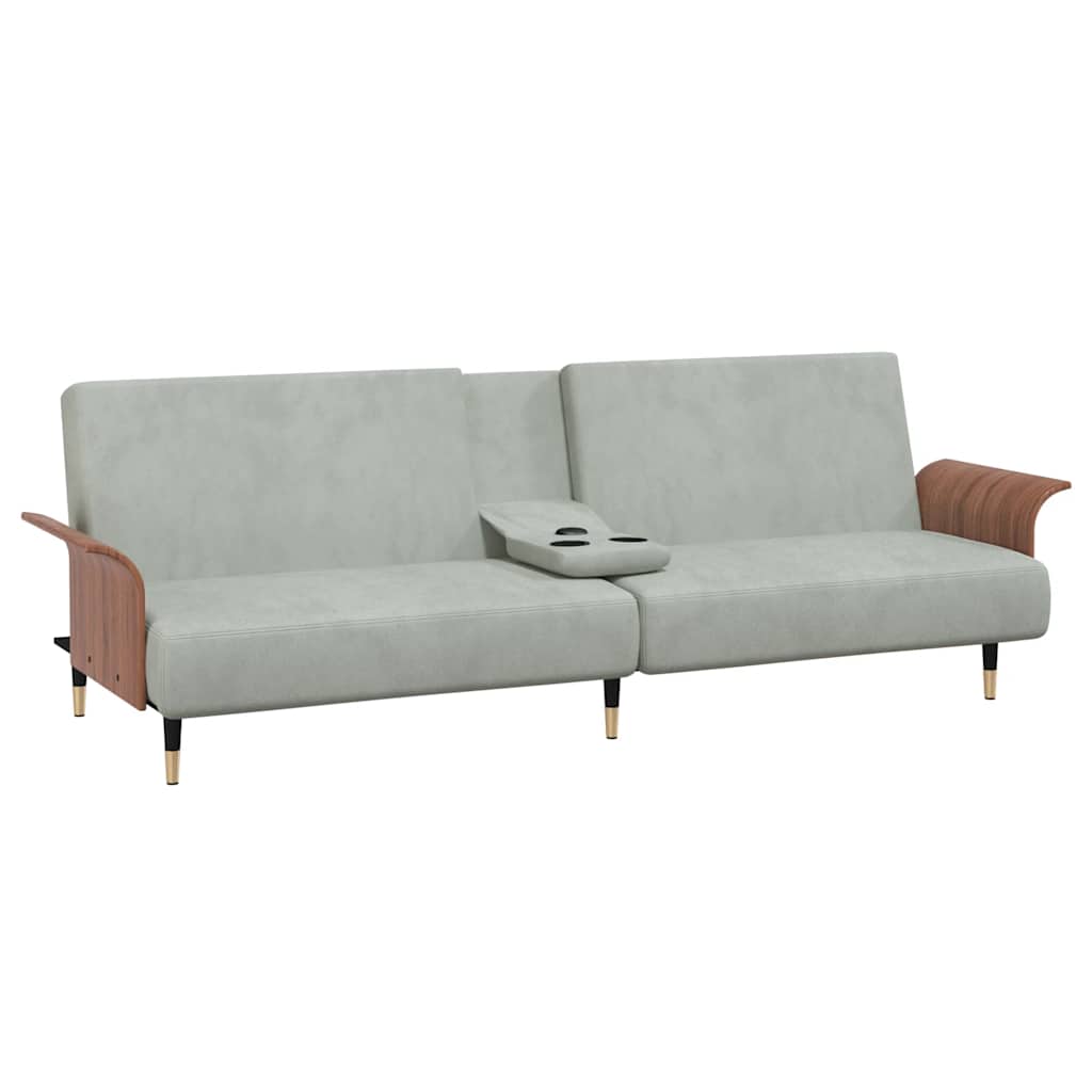 Sofá-cama com suportes para copos veludo cinzento-claro