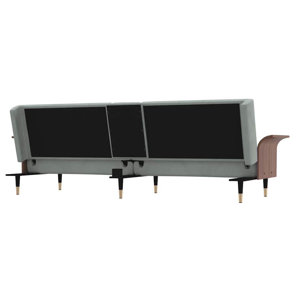 Sofá-cama com suportes para copos veludo cinzento-claro