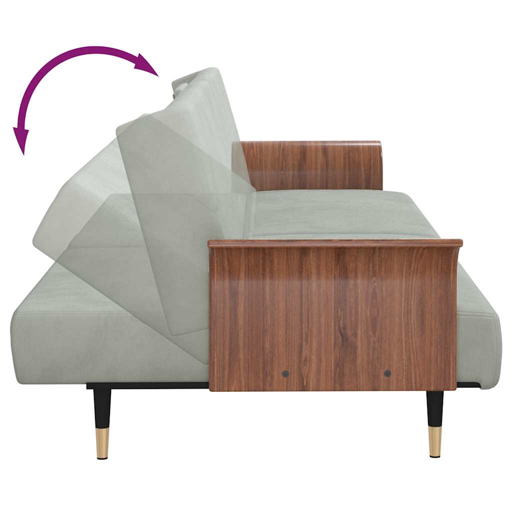 Sofá-cama com suportes para copos veludo cinzento-claro