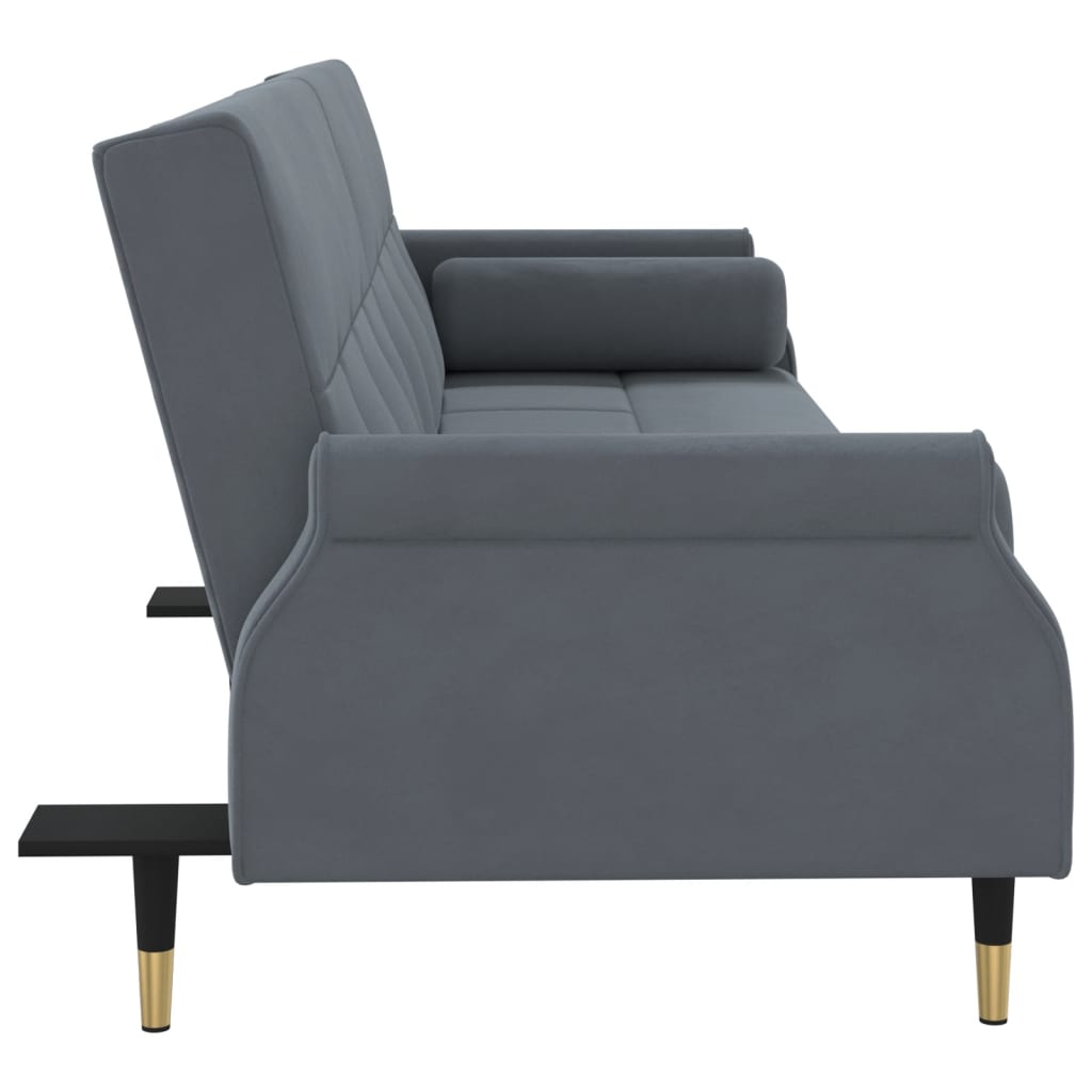 Sofá-cama com almofadões veludo cinzento-escuro