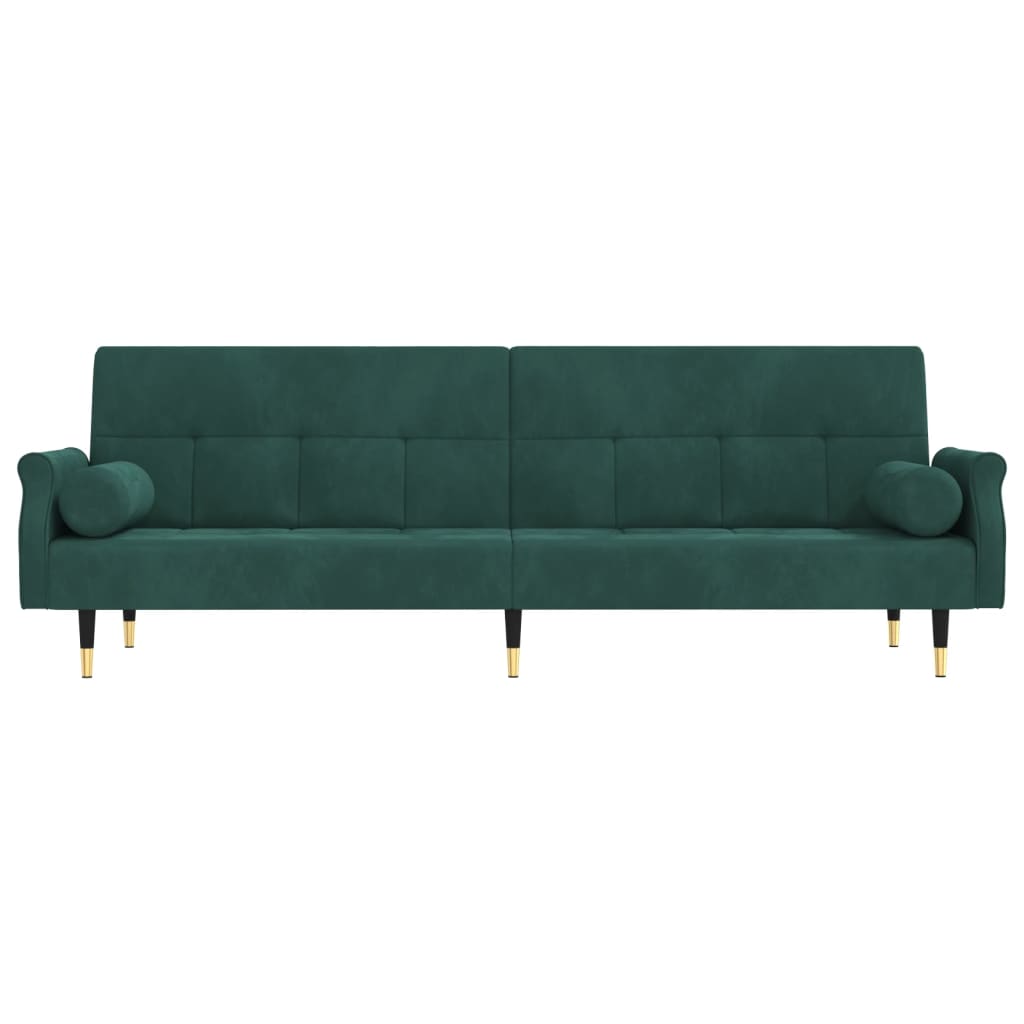 Sofa bed with dark green velvet cushions
