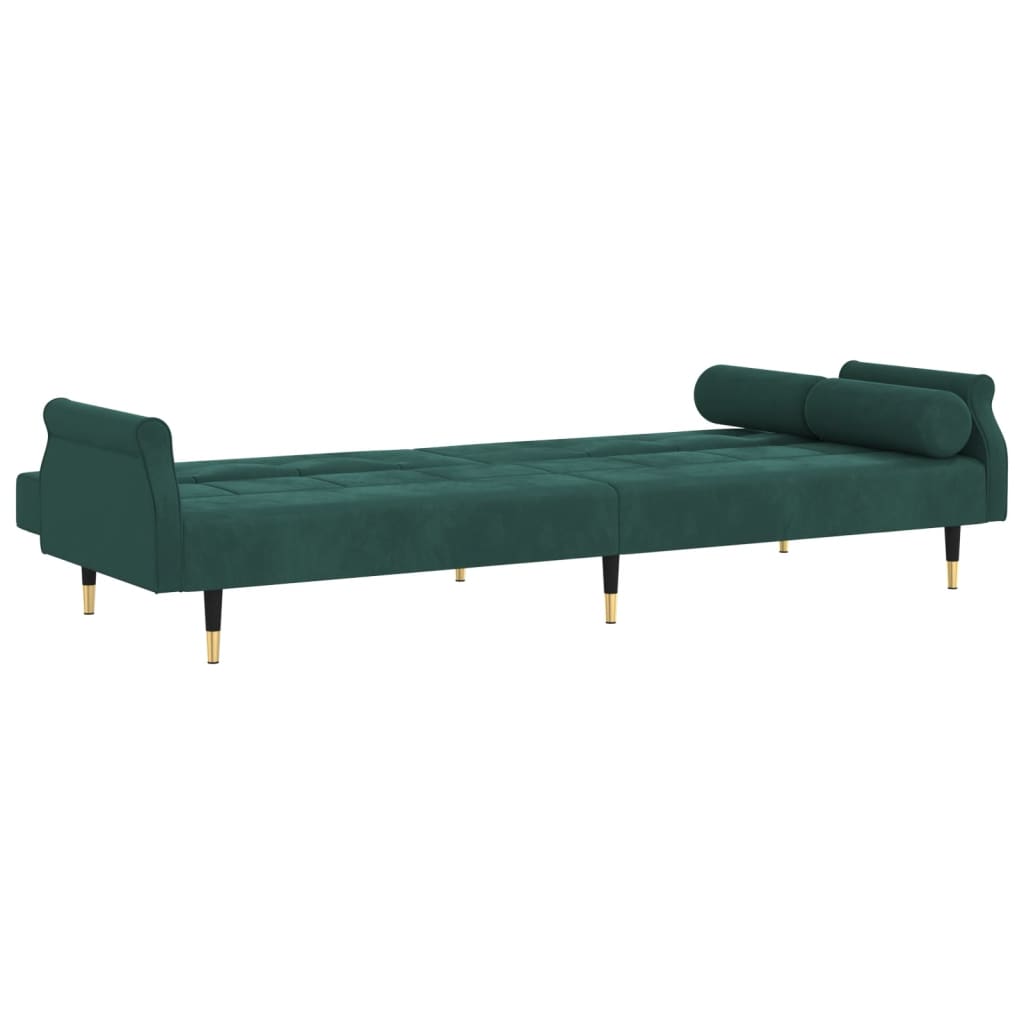 Sofa bed with dark green velvet cushions