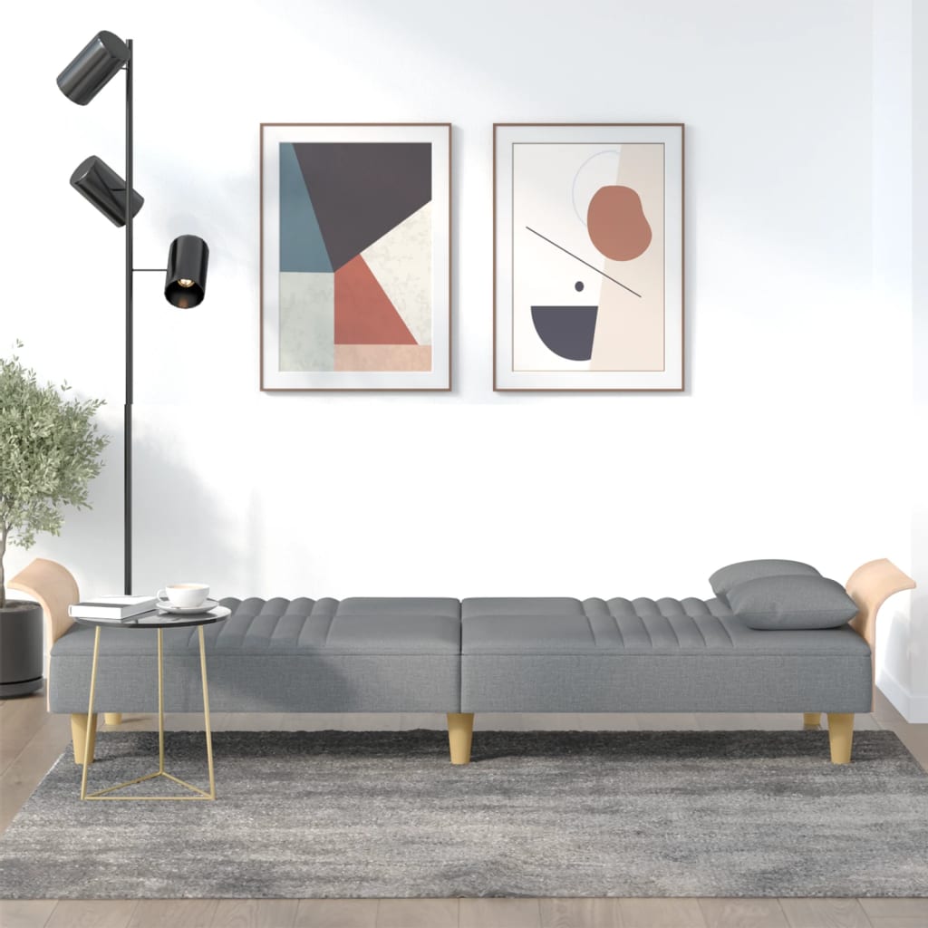 Sofa bed with armrests in light grey fabric