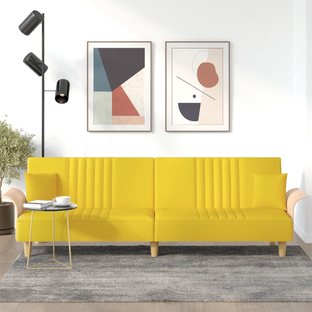 Sofá-cama com apoio de braços tecido amarelo-claro