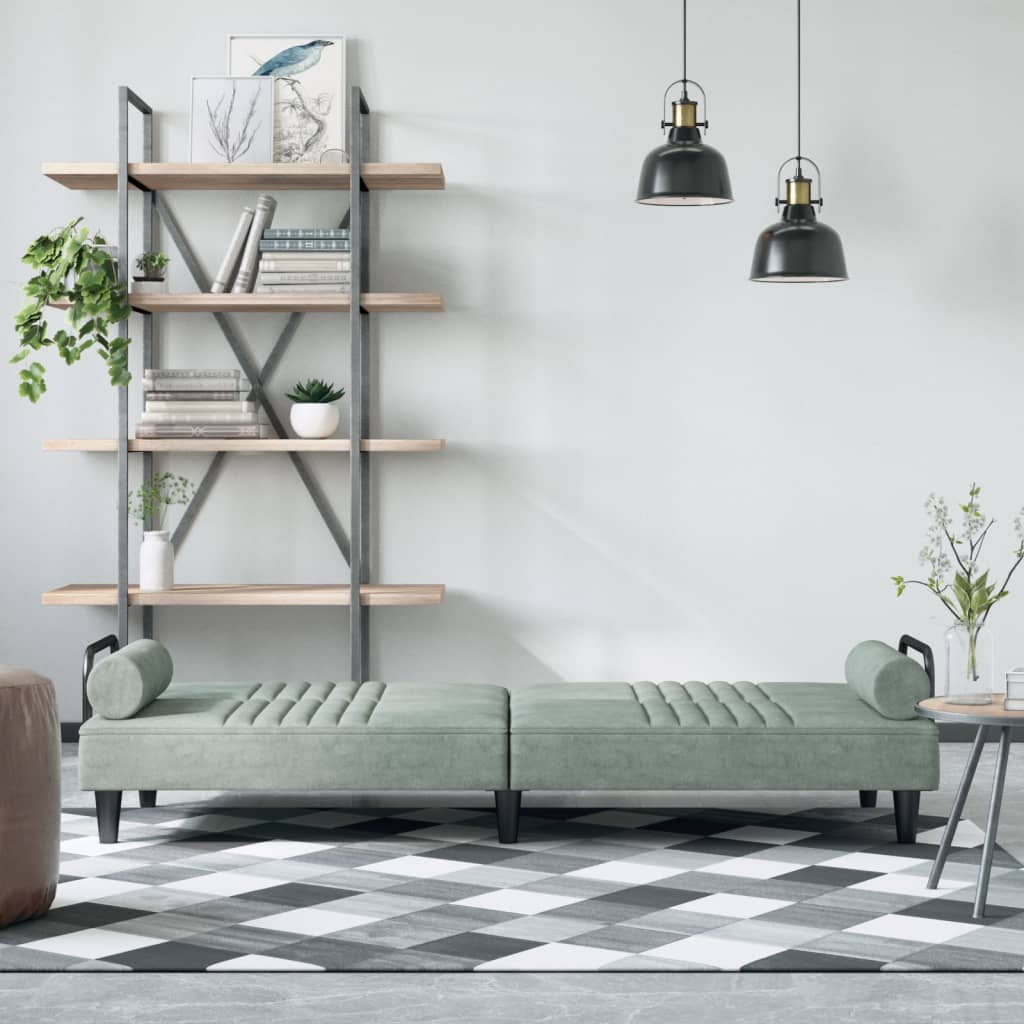 Light grey velvet sofa bed with armrests