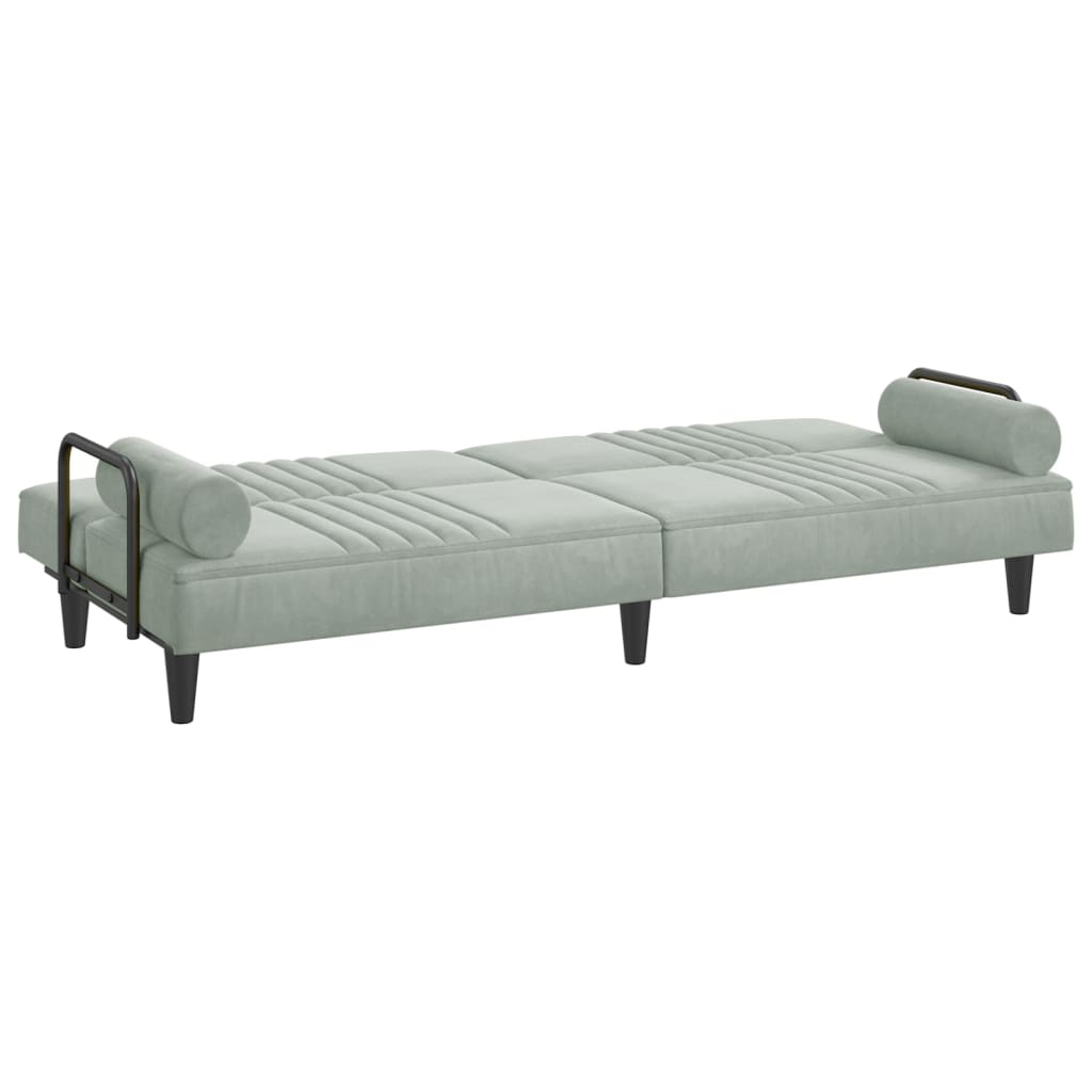 Light grey velvet sofa bed with armrests