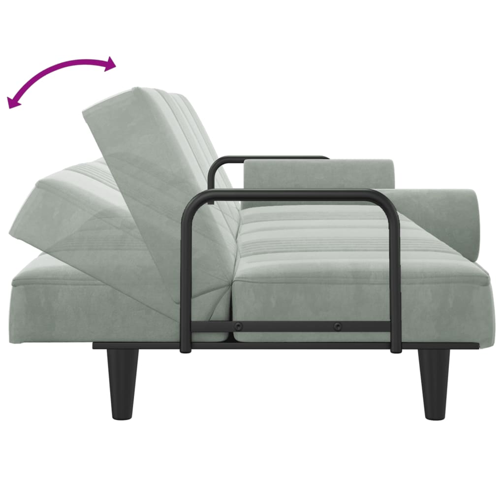 Light grey velvet sofa bed with armrests